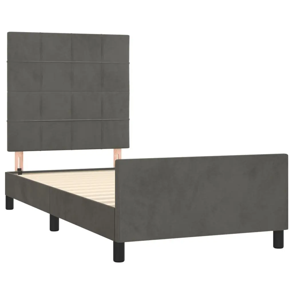 King Single Bed Frame Grey Velvet Headboard Adjustable 107x203cm No Mattress