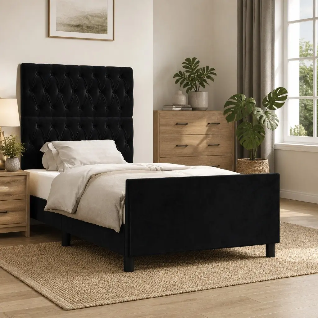 King Single Bed Frame Adjustable Black Velvet Headboard 107x203cm