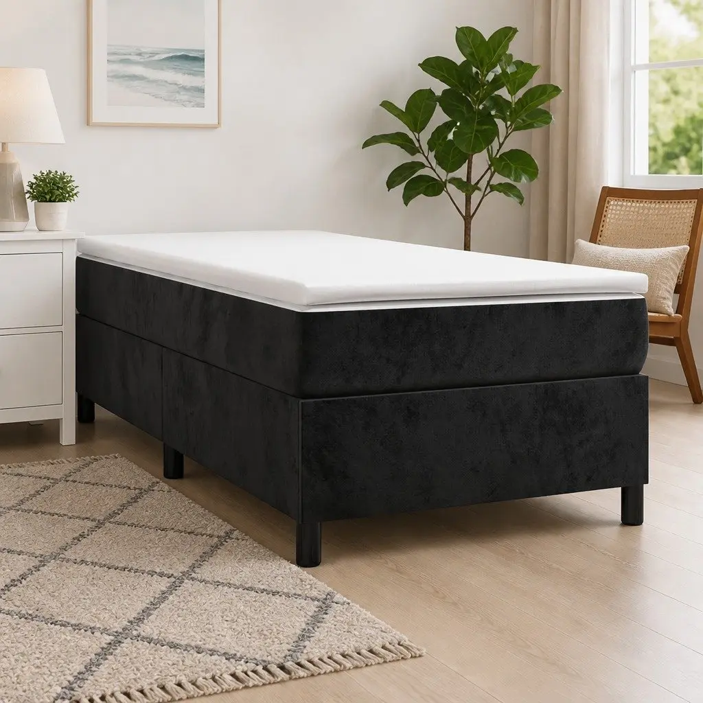 King Single Box Spring Bed Black Velvet with Pocket Spring Mattress 106x203 cm