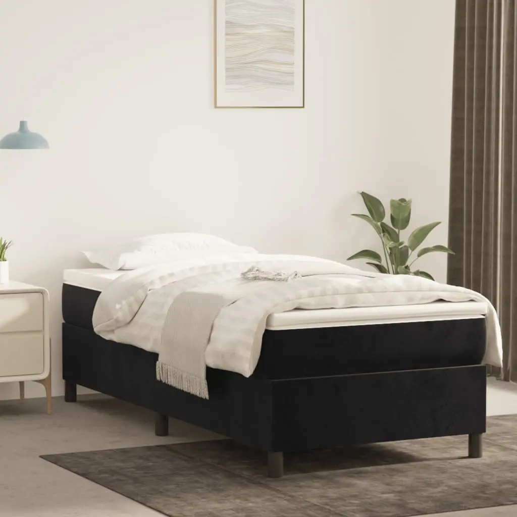 King Single Box Spring Bed Black Velvet with Pocket Spring Mattress 106x203 cm
