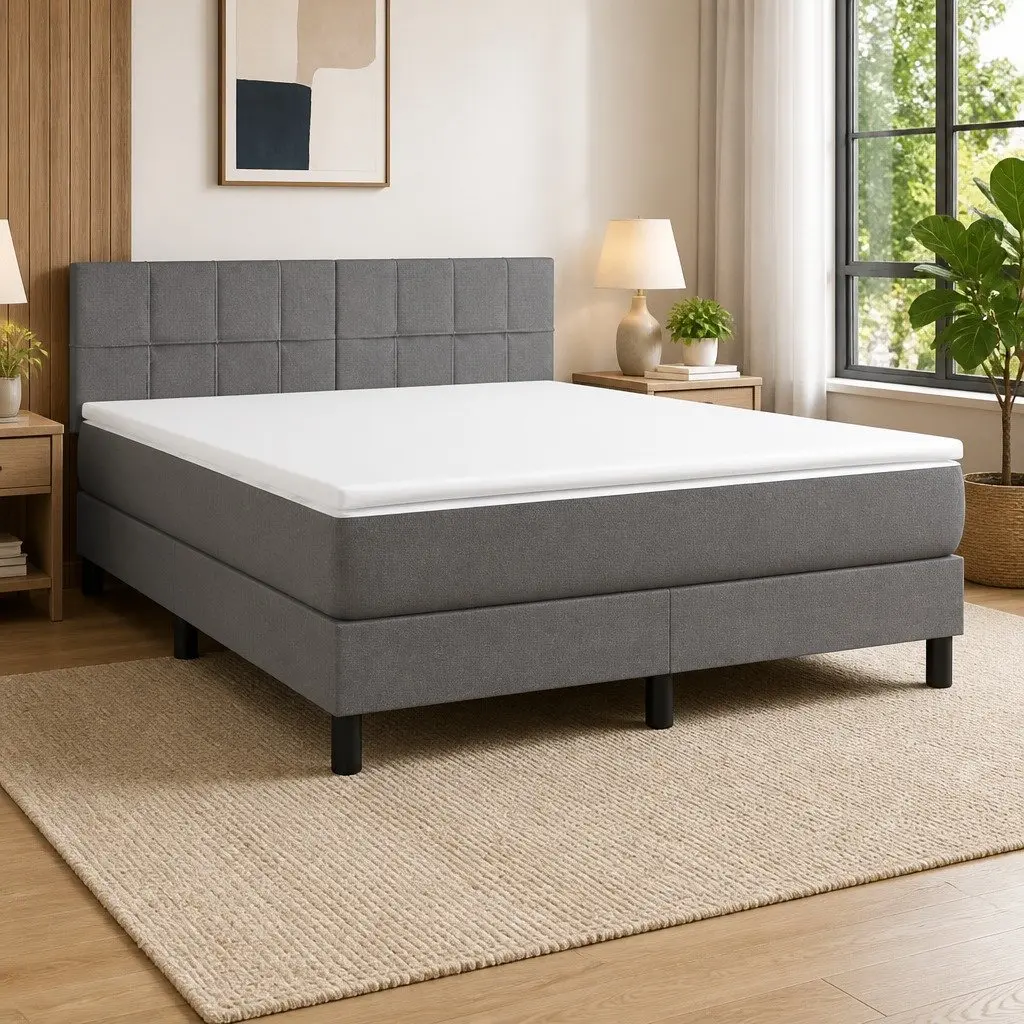 Queen Size Box Spring Bed Adjustable Headboard Pocket Spring Mattress Grey Fabric