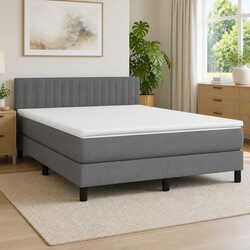 Queen Size Box Spring Bed with Pocket Spring Mattress Dark Grey Fabric Headboard