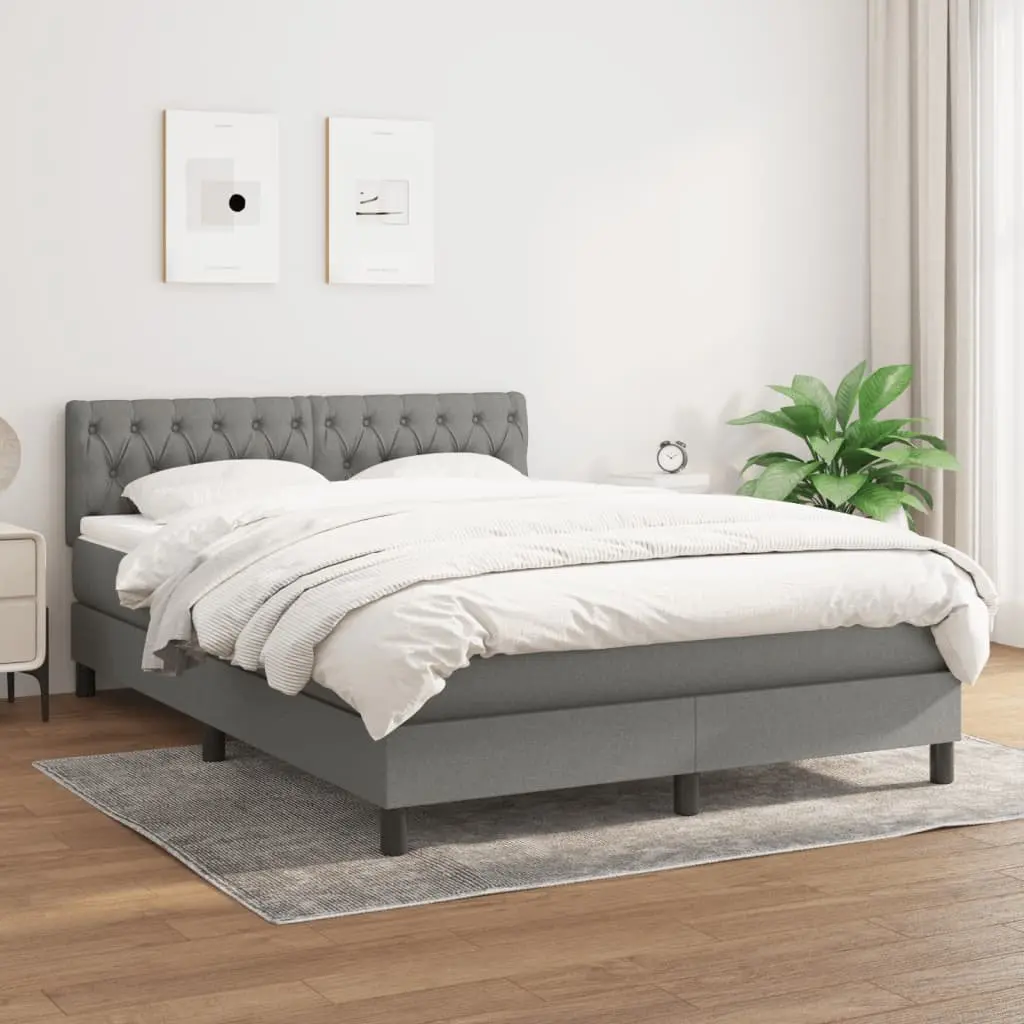 Queen Size Box Spring Bed with Mattress Grey Fabric Adjustable Headboard