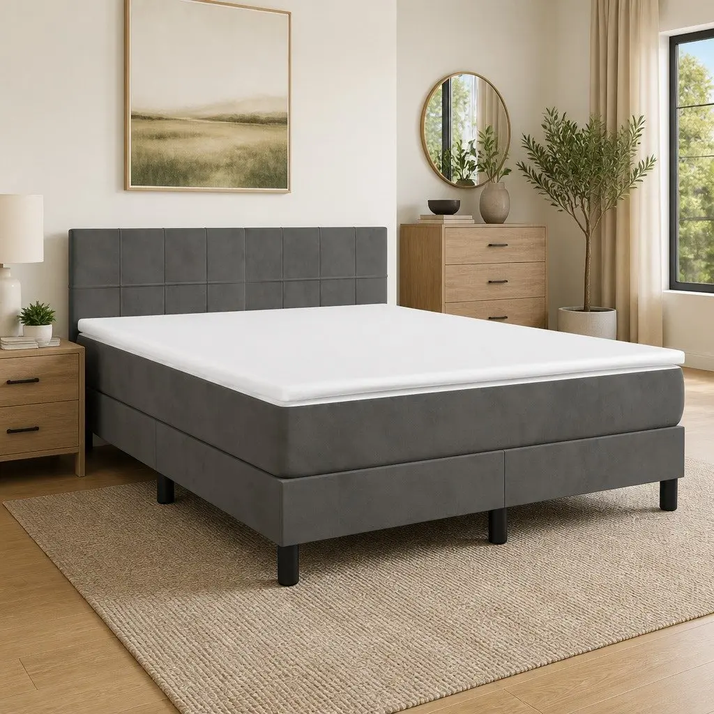 Queen Size Box Spring Bed in Dark Grey Velvet