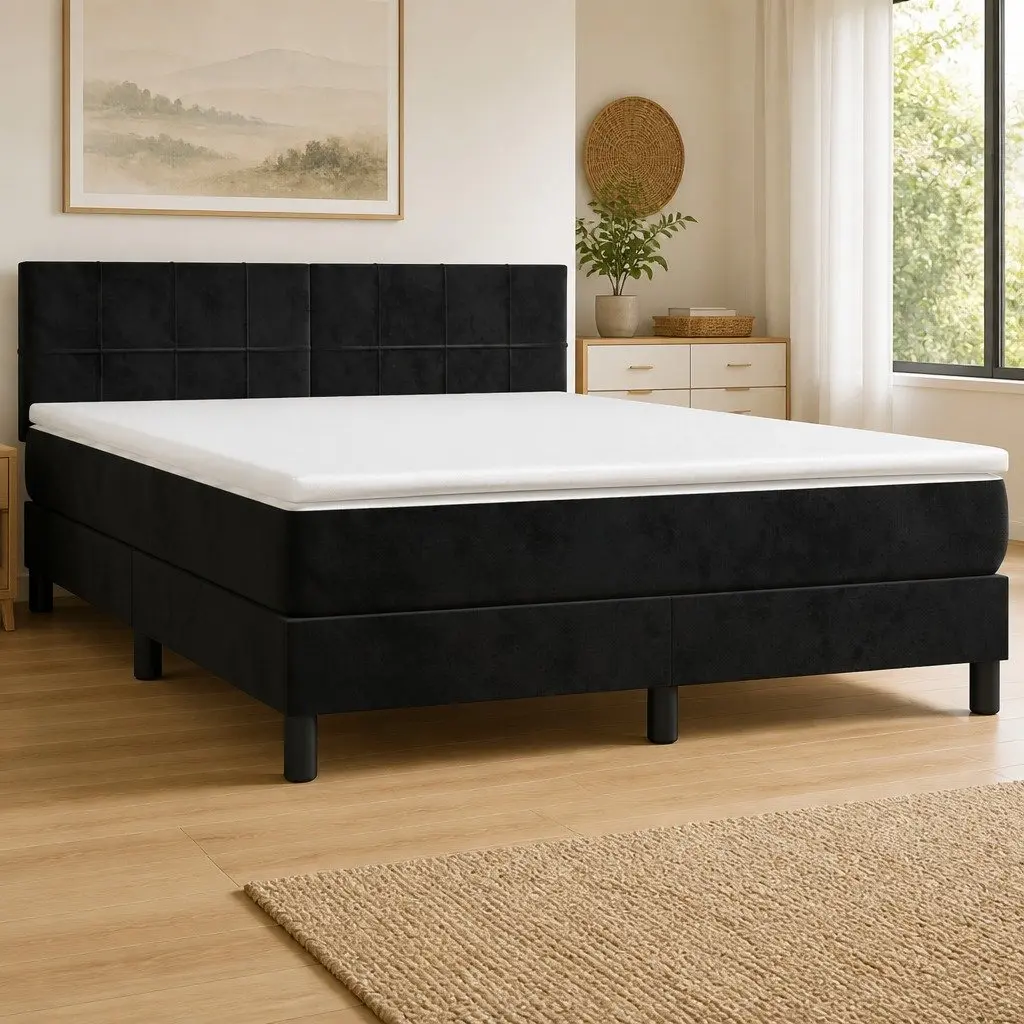 Black Velvet Box Spring Bed with Integrated Pocket Spring Mattress Queen Size 153x203cm