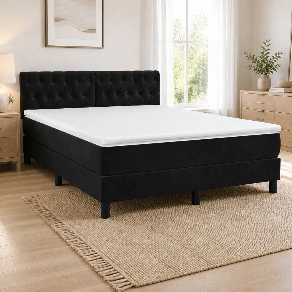 Box Spring Bed Pocket Mattress Queen Size Black Velvet Adjustable Headboard