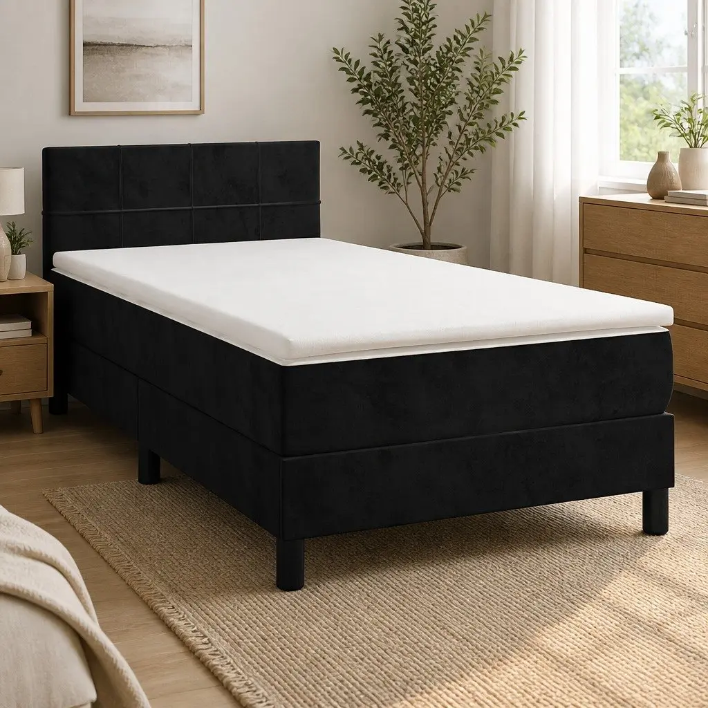 King Single Velvet Box Spring Bed with Pocket Spring Mattress 106x203cm Black