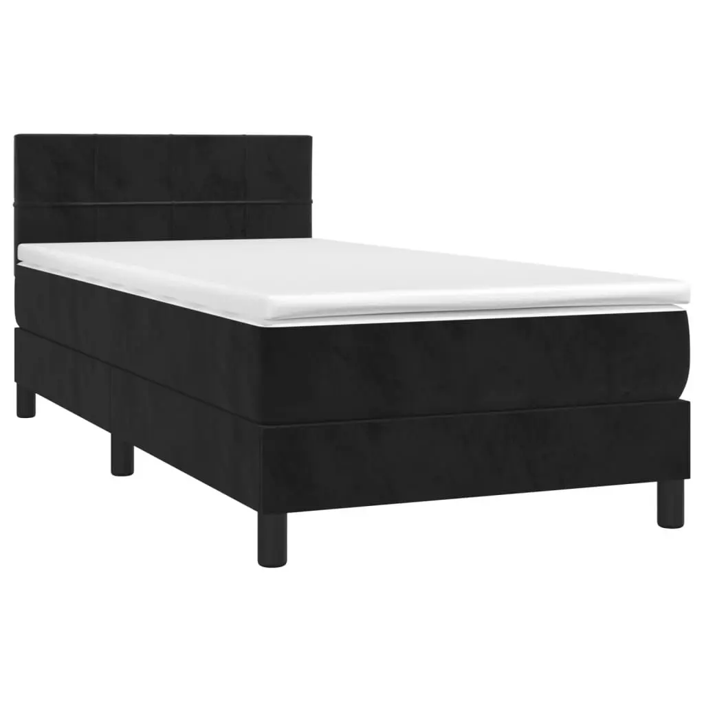 King Single Velvet Box Spring Bed with Pocket Spring Mattress 106x203cm Black