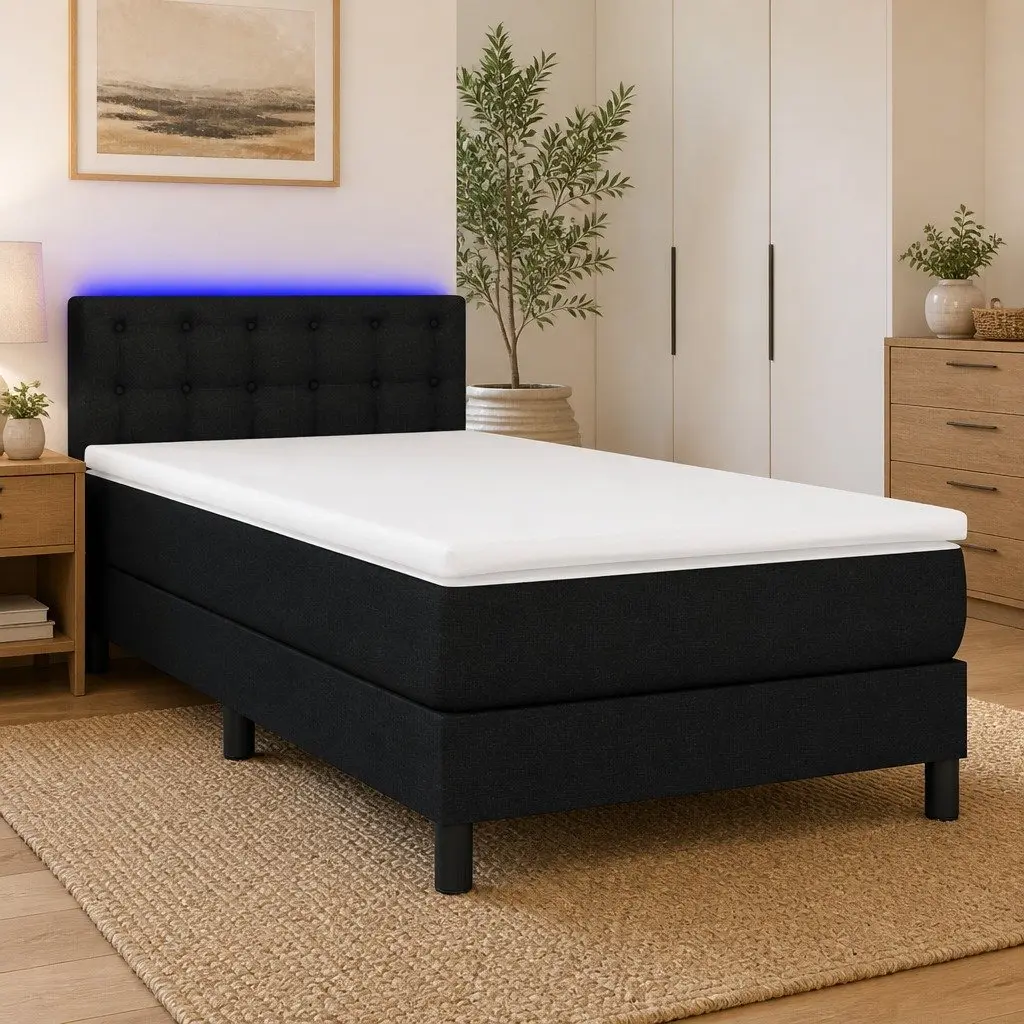 Box Spring Bed King Single Pocket Spring Mattress Adjustable Fabric Headboard Black