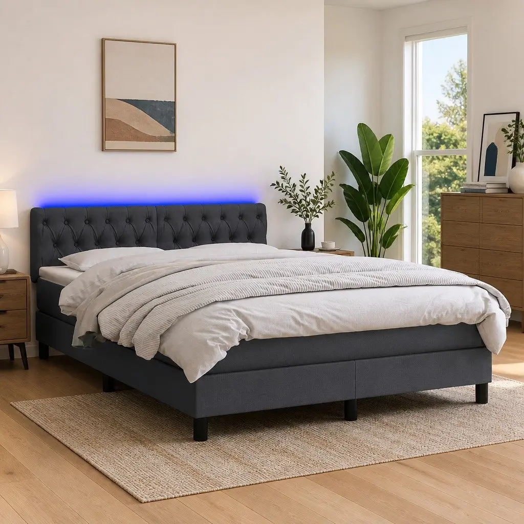 Queen Size Box Spring Bed Pocket Spring Mattress LED Headboard Grey Fabric
