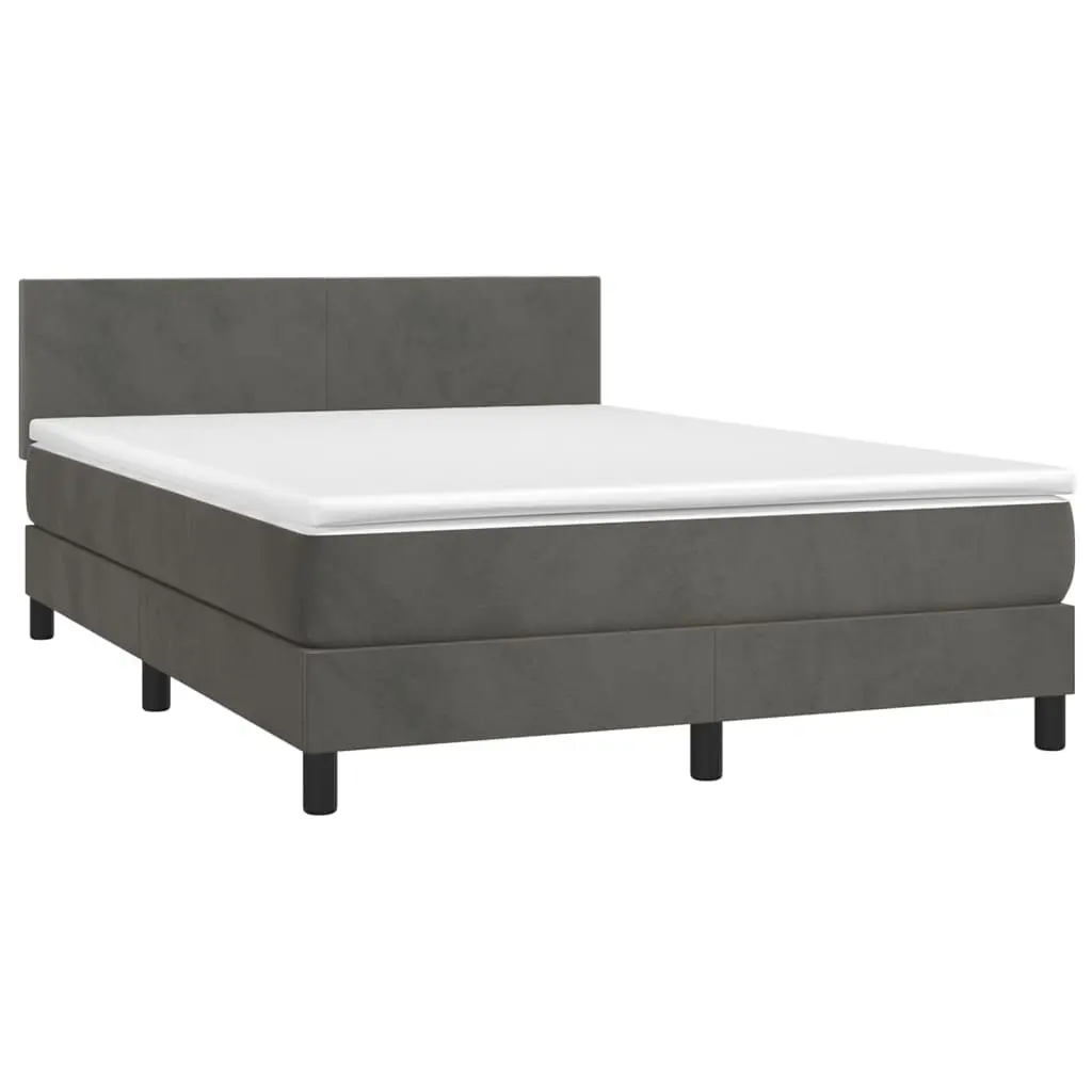 Box Spring Bed Pocket Spring Mattress Queen Size Dark Grey Velvet Upholstered Adjustable LED Headboard