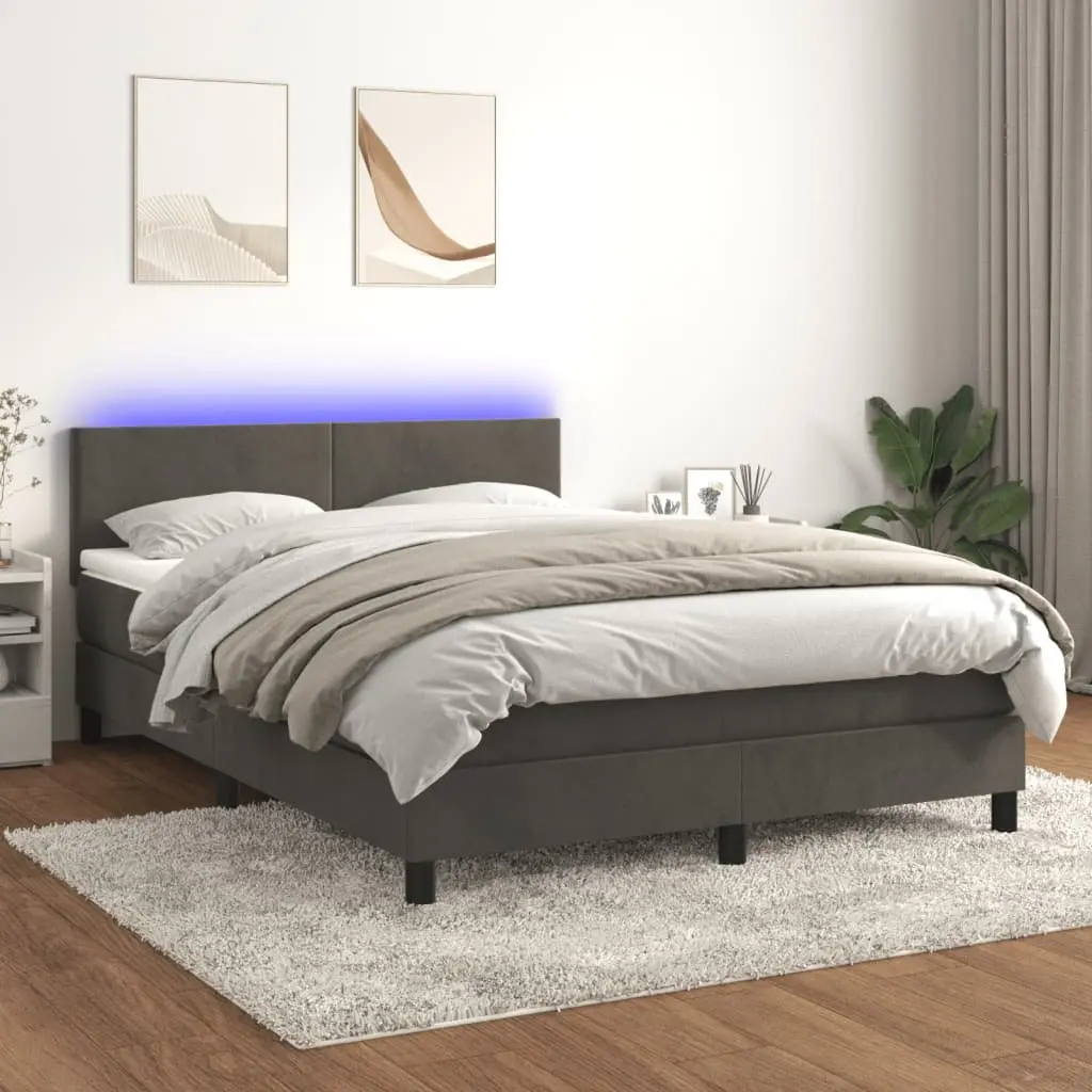 Box Spring Bed Pocket Spring Mattress Queen Size Dark Grey Velvet Upholstered Adjustable LED Headboard