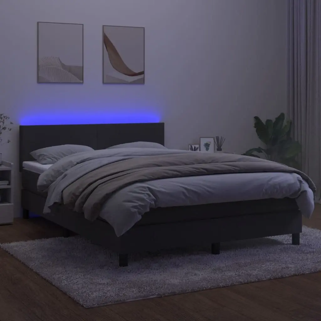 Box Spring Bed Pocket Spring Mattress Queen Size Dark Grey Velvet Upholstered Adjustable LED Headboard