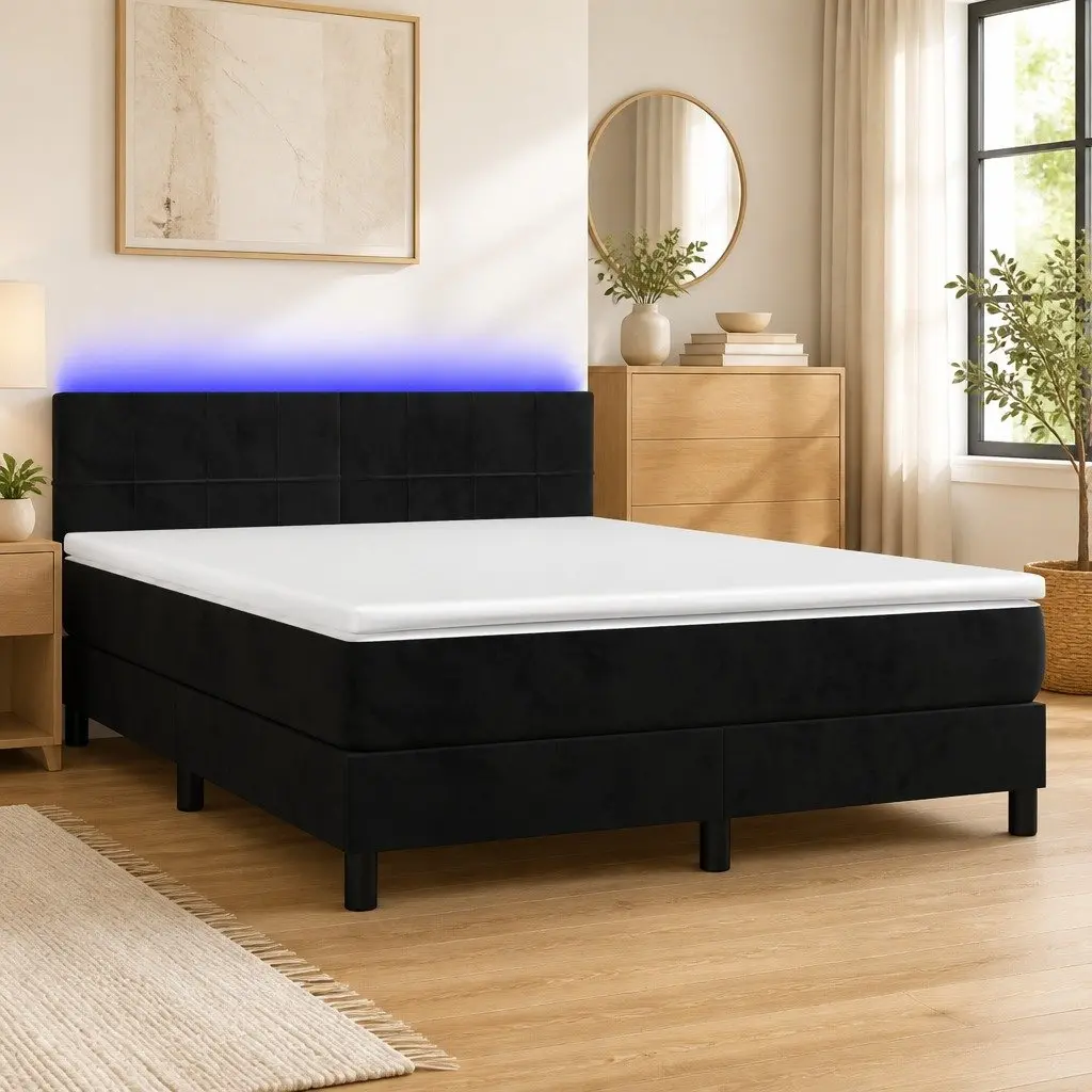 Queen Box Spring Bed Pocket Spring Mattress Adjustable Velvet Headboard Black