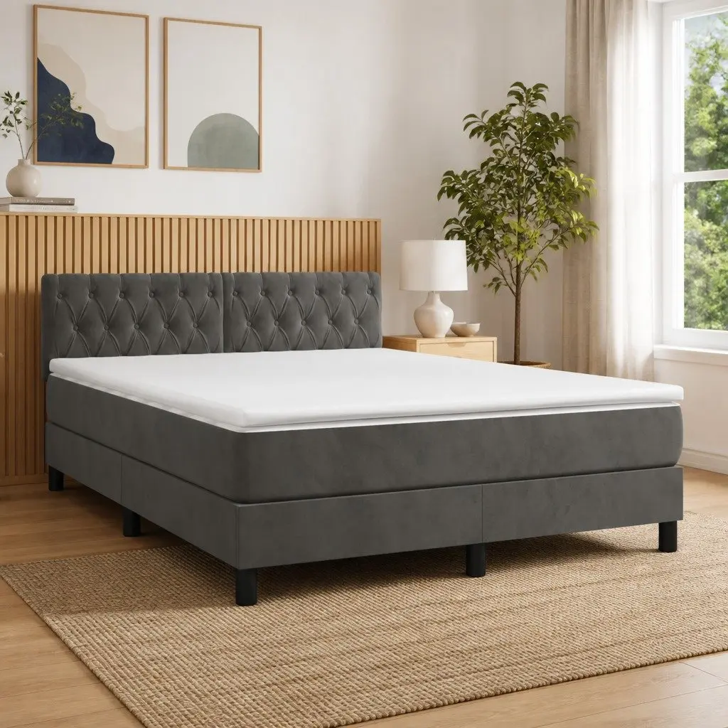 Queen Size Box Spring Bed with Pocket Spring Mattress LED Headboard Dark Grey