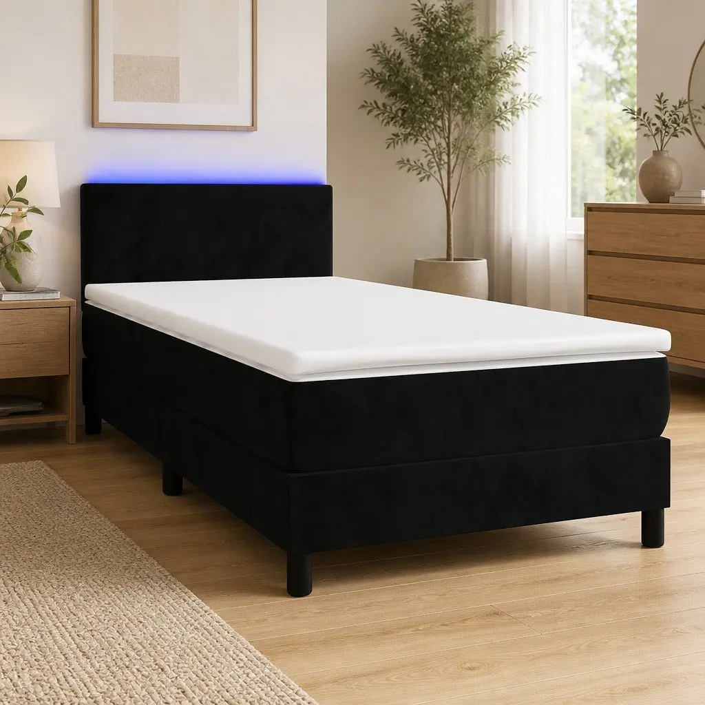 Box Spring Bed King Single Velvet Upholstered Adjustable Headboard Pocket Spring Mattress LED Black