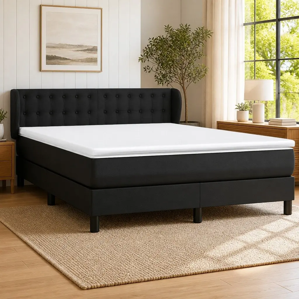 Queen Bed Frame with Pocket Spring Mattress Adjustable Headboard Black Faux Leather