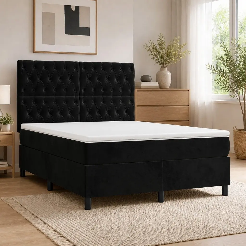 Double Size Box Spring Bed with Velvet and Adjustable Headboard