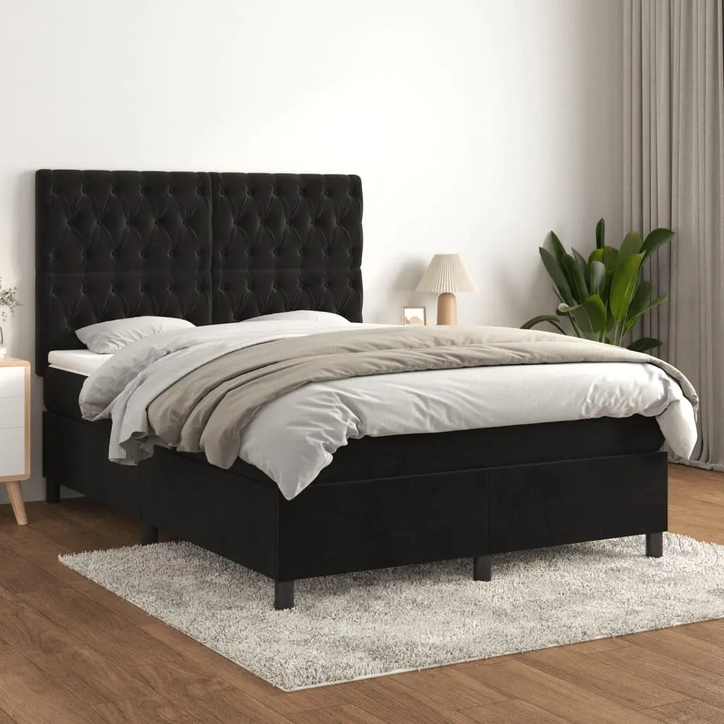 Double Size Box Spring Bed with Velvet and Adjustable Headboard