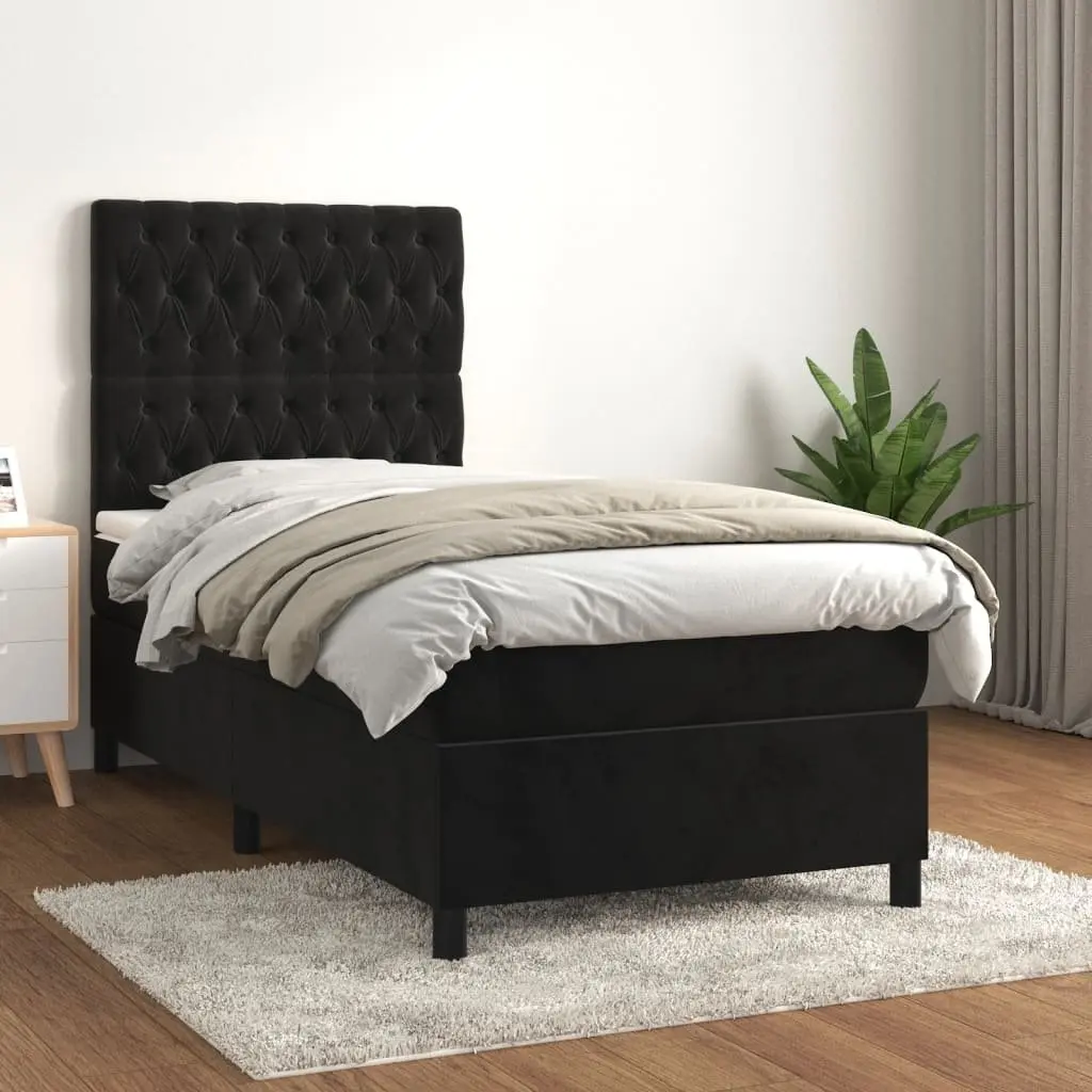 King Single Box Spring Bed Black Velvet with Pocket Spring Mattress 106x203cm Medium Firm Support