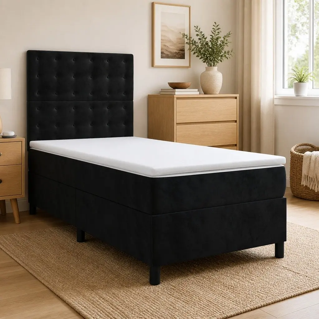Box Spring Bed King Single Velvet Upholstered Frame Pocket Spring Mattress Black
