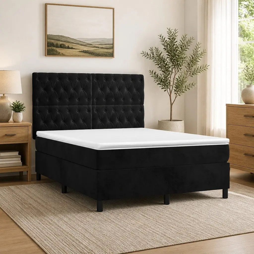Double Bed Box Spring with Pocket Spring Mattress Adjustable Velvet Headboard LED Lighting Black