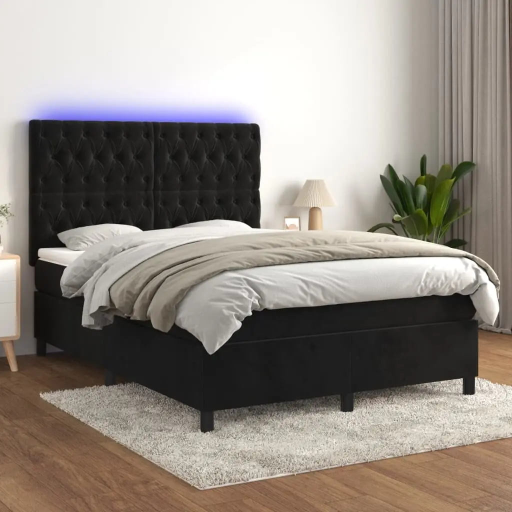 Double Bed Box Spring with Pocket Spring Mattress Adjustable Velvet Headboard LED Lighting Black