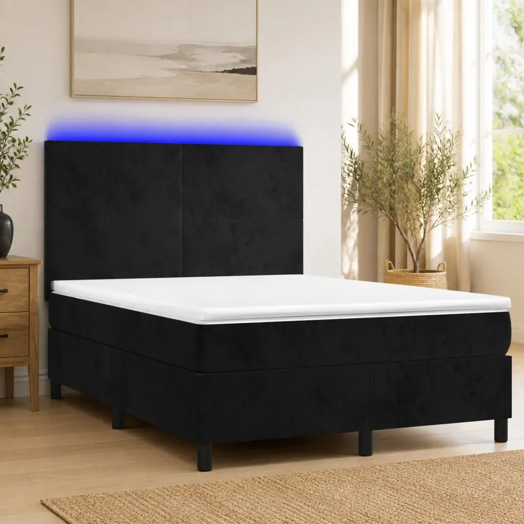 Queen Size Box Spring Bed with Pocket Spring Mattress LED Headboard Black Velvet