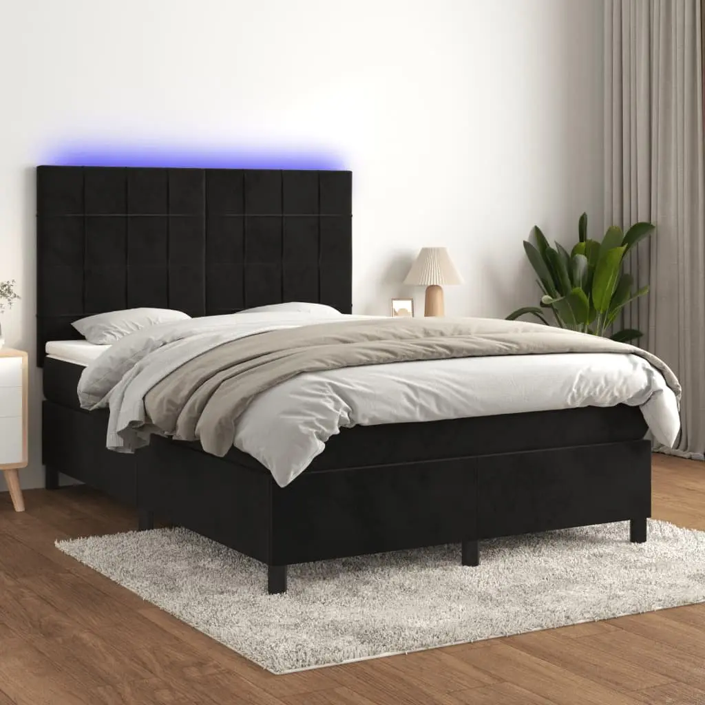 Box Spring Bed Pocket Spring Mattress Queen Size Black Velvet LED Headboard