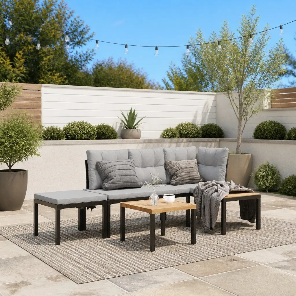 Outdoor Garden Bench Set 4 Piece Cushioned Black Steel