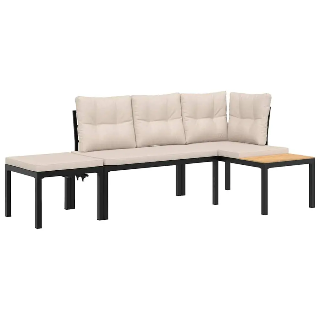 Garden Bench Set Outdoor Furniture 3 Pieces Cushions Black Steel Frame
