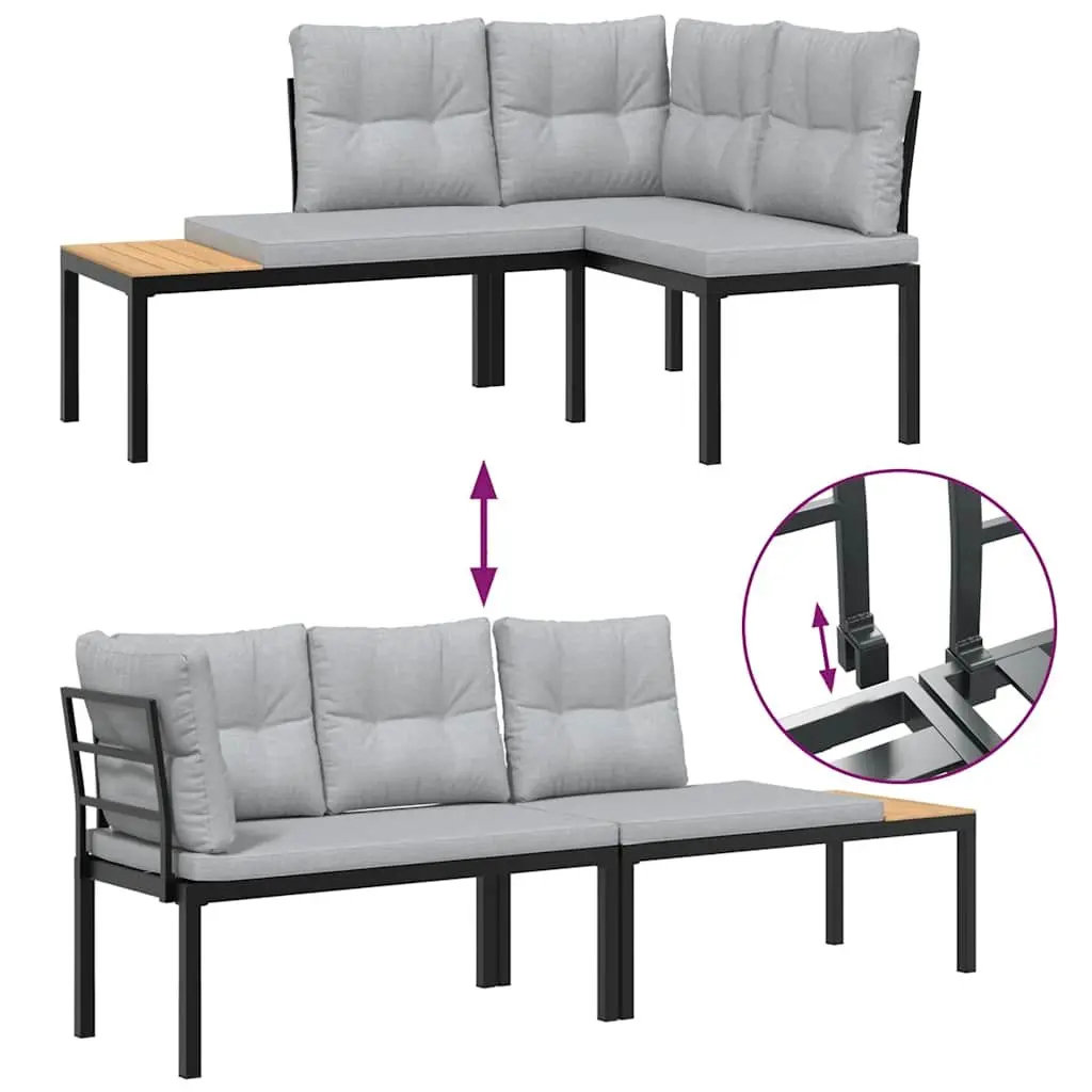 Outdoor Garden Bench Set 4 Pieces Black Steel Frame with Cushions Side Table