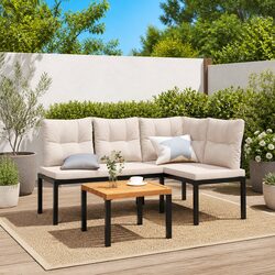 Outdoor Garden Bench Set with Cushions 3 Pieces Black Steel Patio Furniture