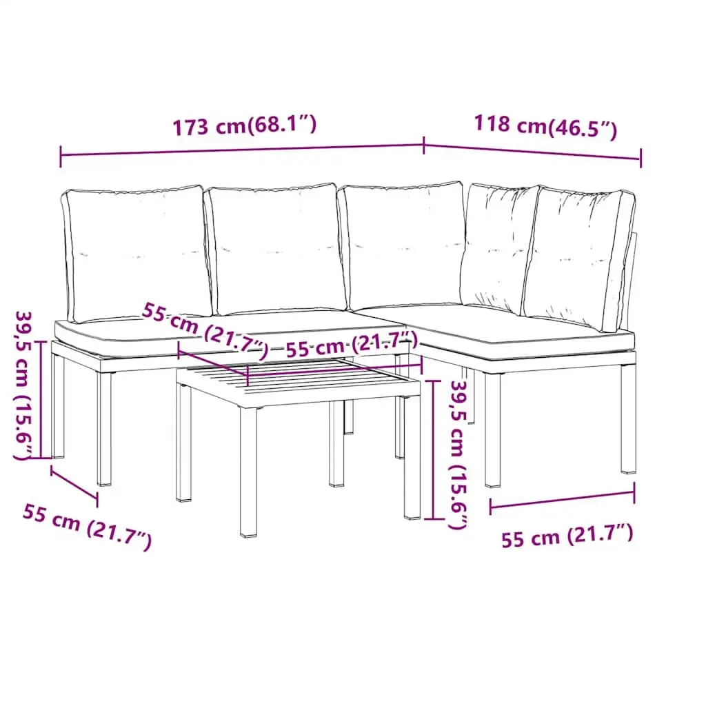 Patio Furniture Garden Bench Set 3 Pieces Black Steel Frame Outdoor Cushions