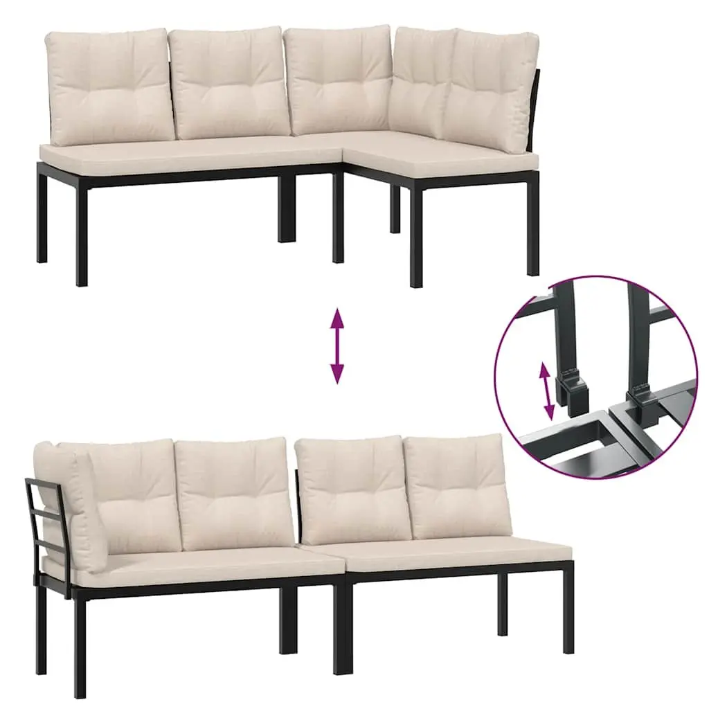 Garden Bench Set 3 Pieces Outdoor Seating Black Powder-coated Steel with Cushions