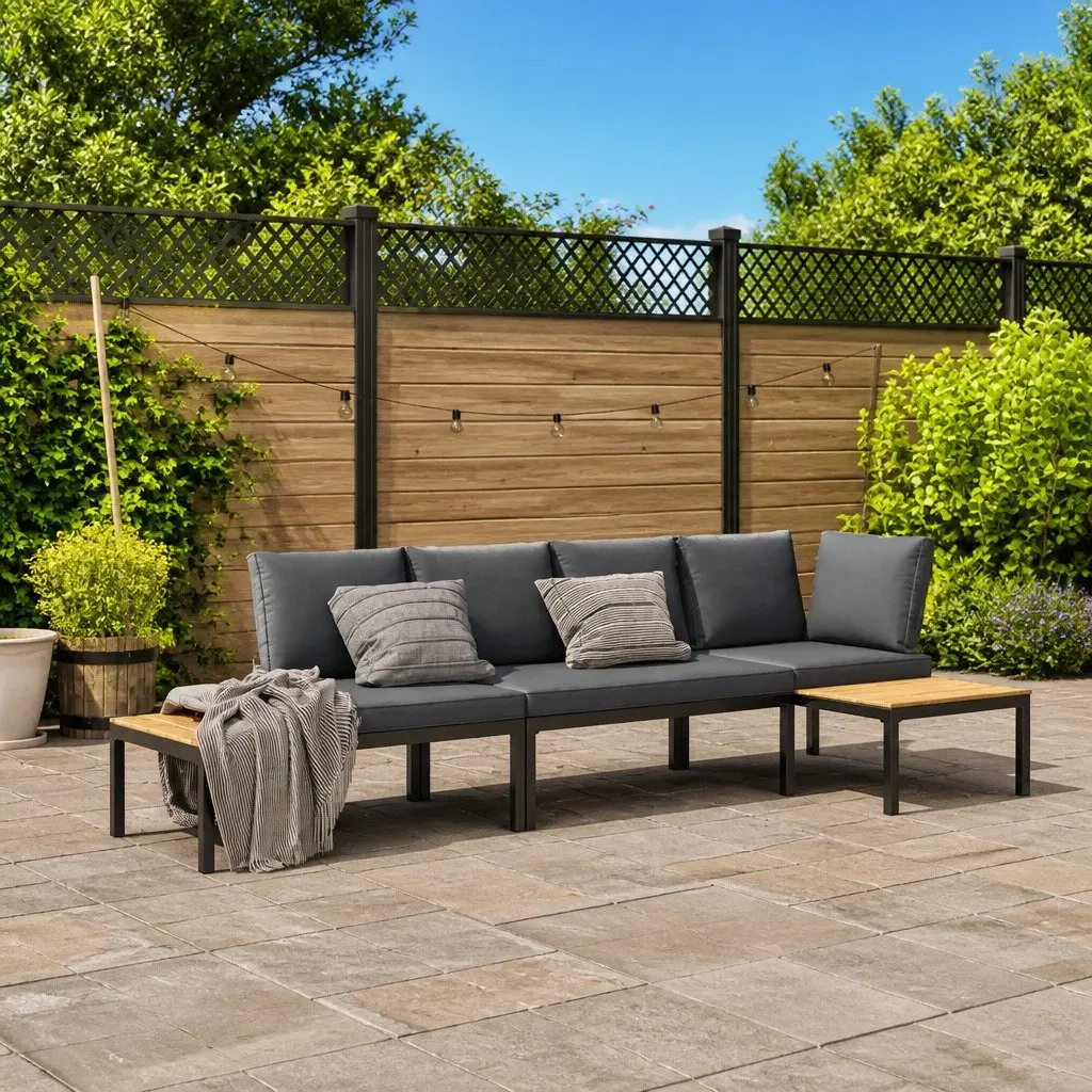 3 Piece Outdoor Garden Sofa Set Modular Cushions Side Table Black