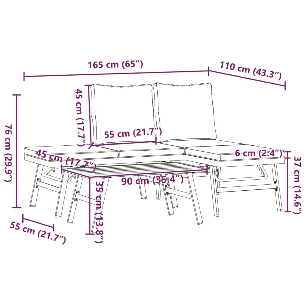 3 Piece Garden Bench Set Adjustable Lounger Outdoor Patio Furniture Black