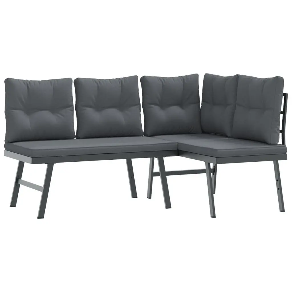 3 Piece Outdoor Garden Bench Set Black Steel Frame Cushions