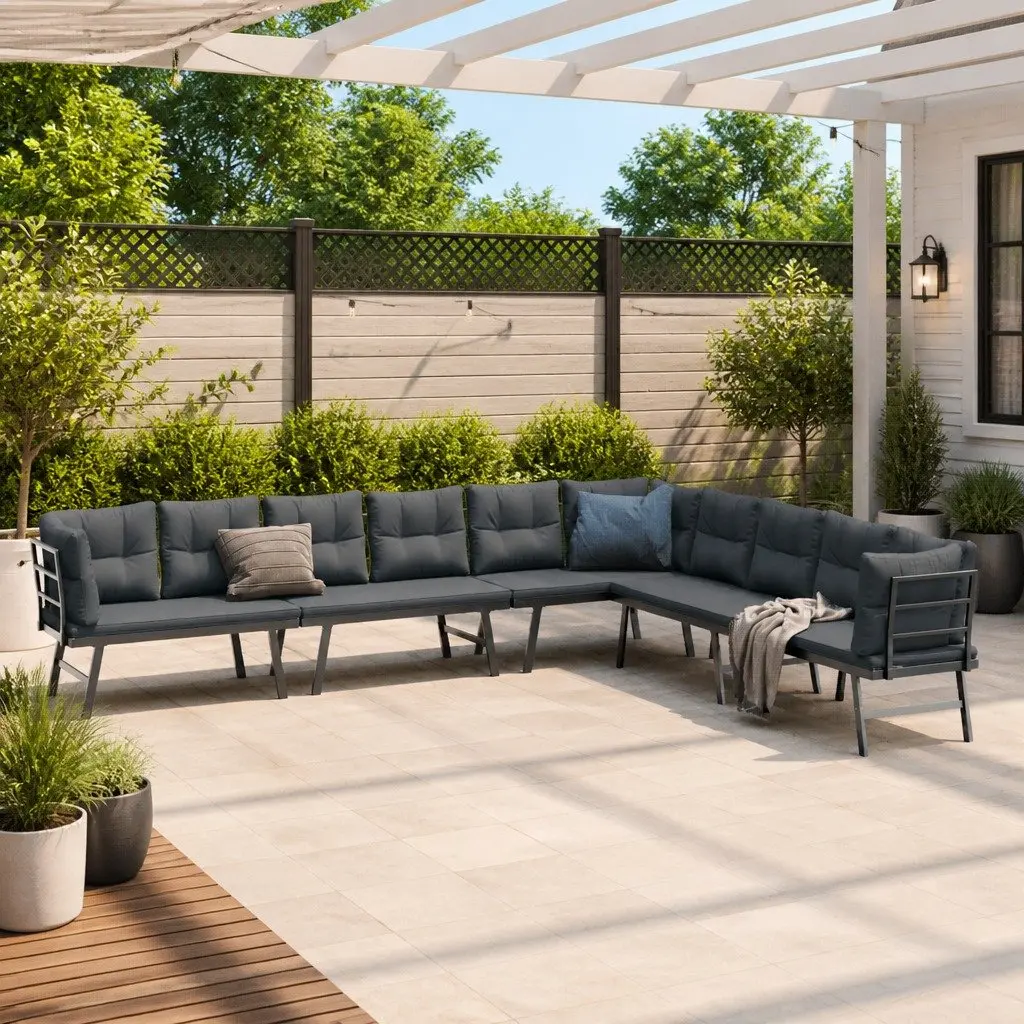 Garden Benches Set 4 Piece Cushioned Patio Seating Black Steel Frame