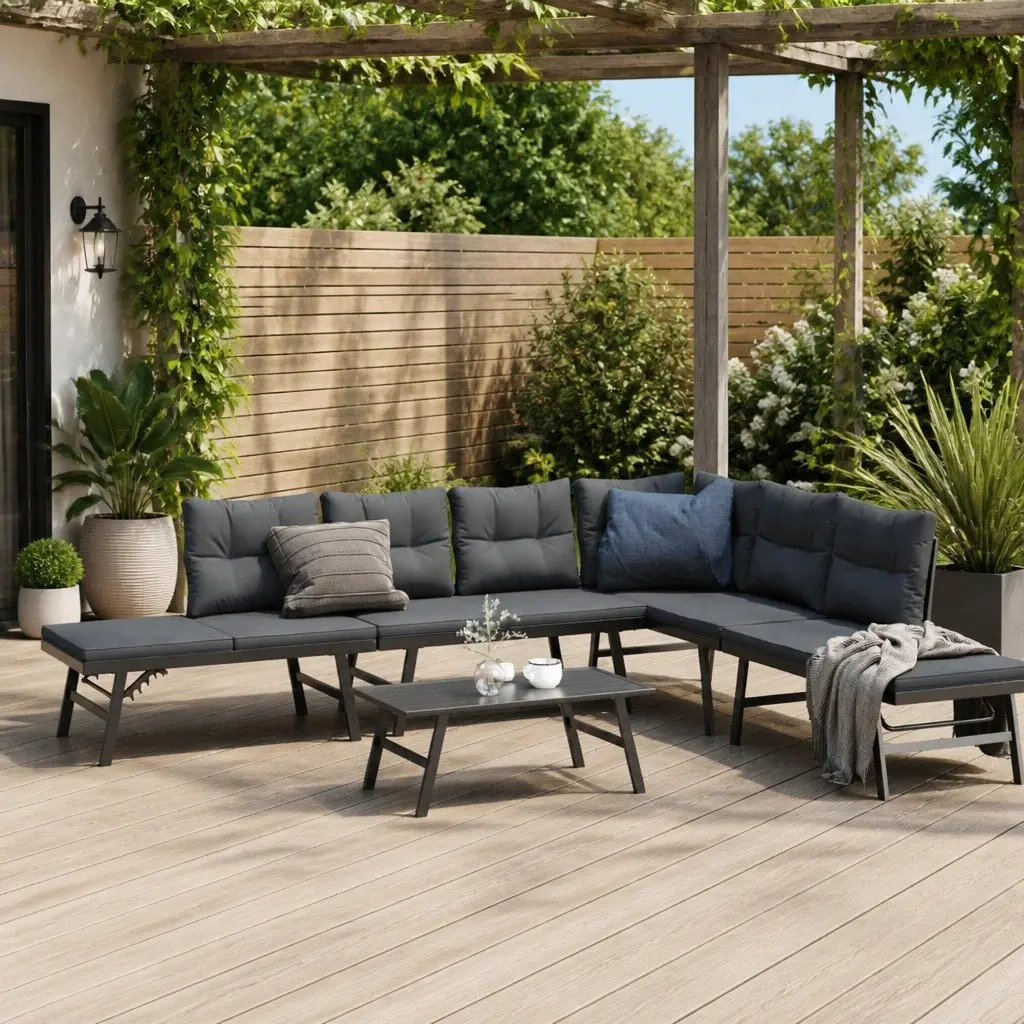 Garden Bench Set 5 Piece Outdoor Furniture Patio Seating Cushions Black