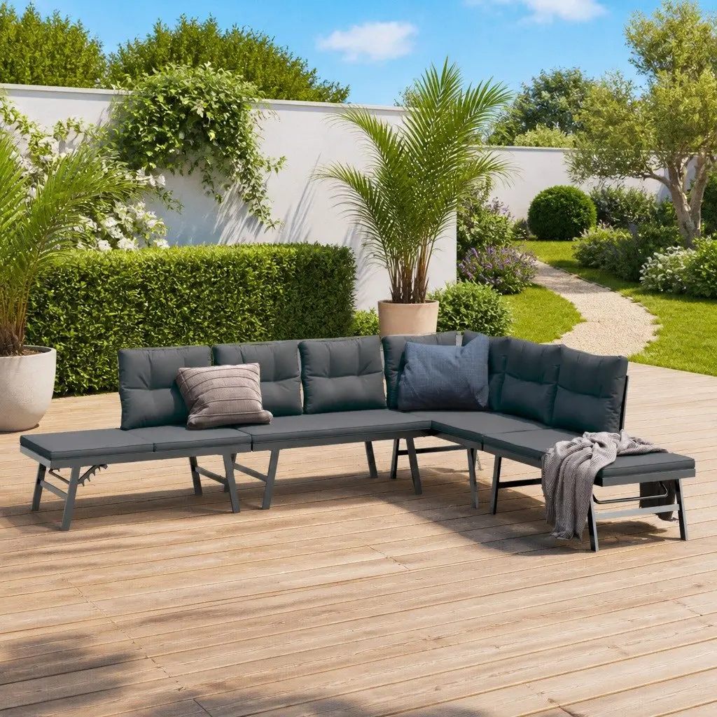 Garden Bench Set 4 Piece Outdoor Furniture Cushioned Black Steel Frame