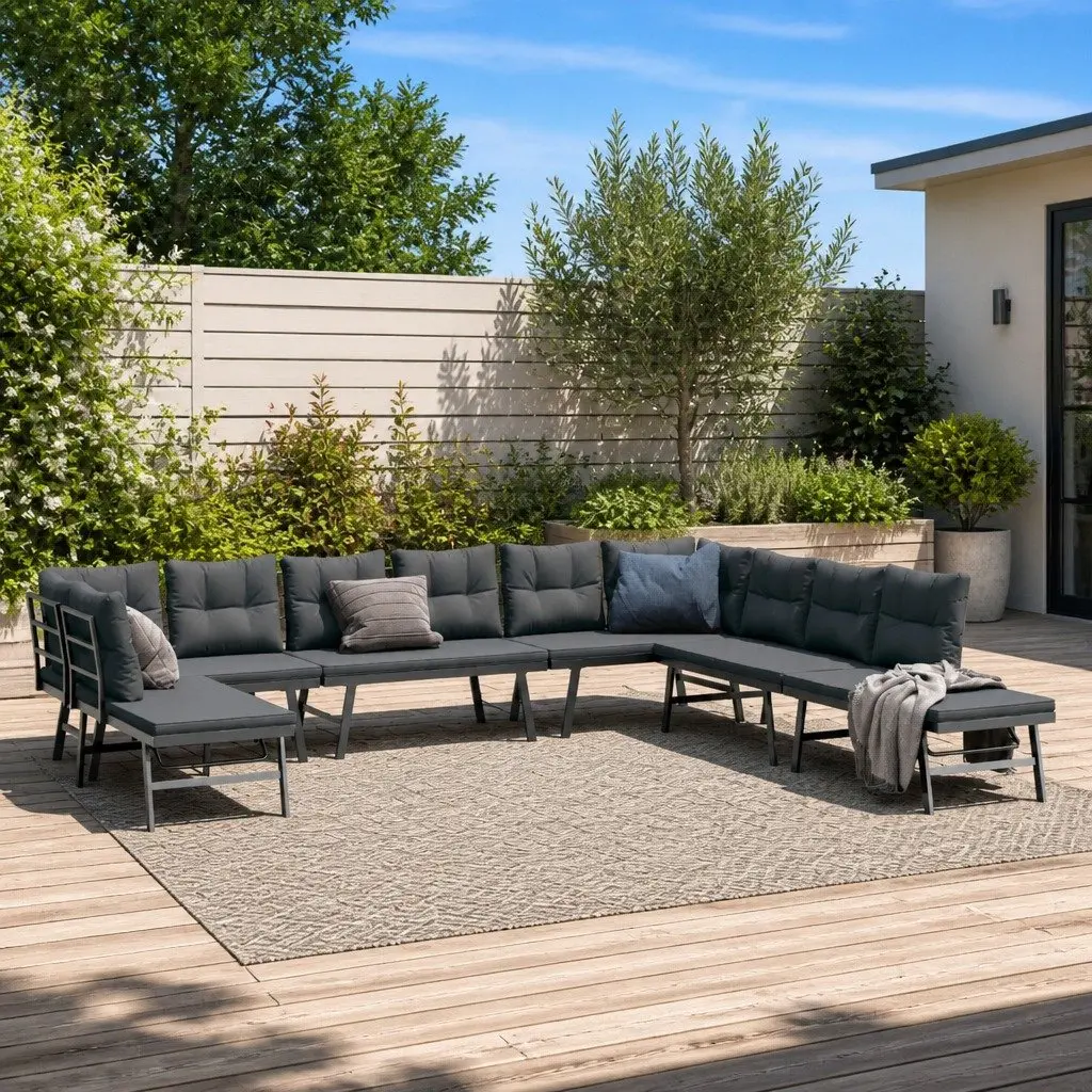 Garden Bench Set with Cushions Adjustable Lounger Function Outdoor Black 7 Pieces