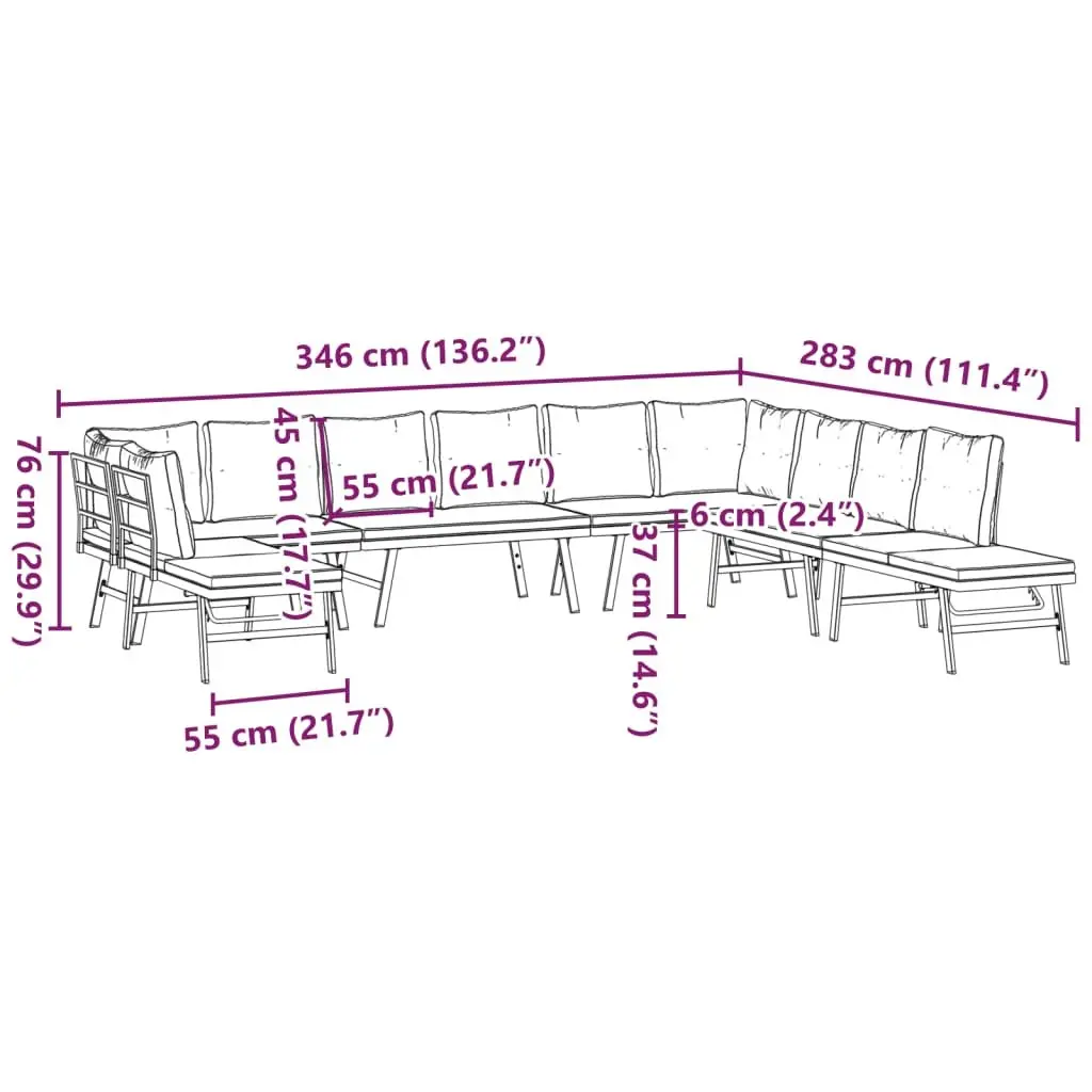 Garden Bench Set with Cushions Adjustable Lounger Function Outdoor Black 7 Pieces