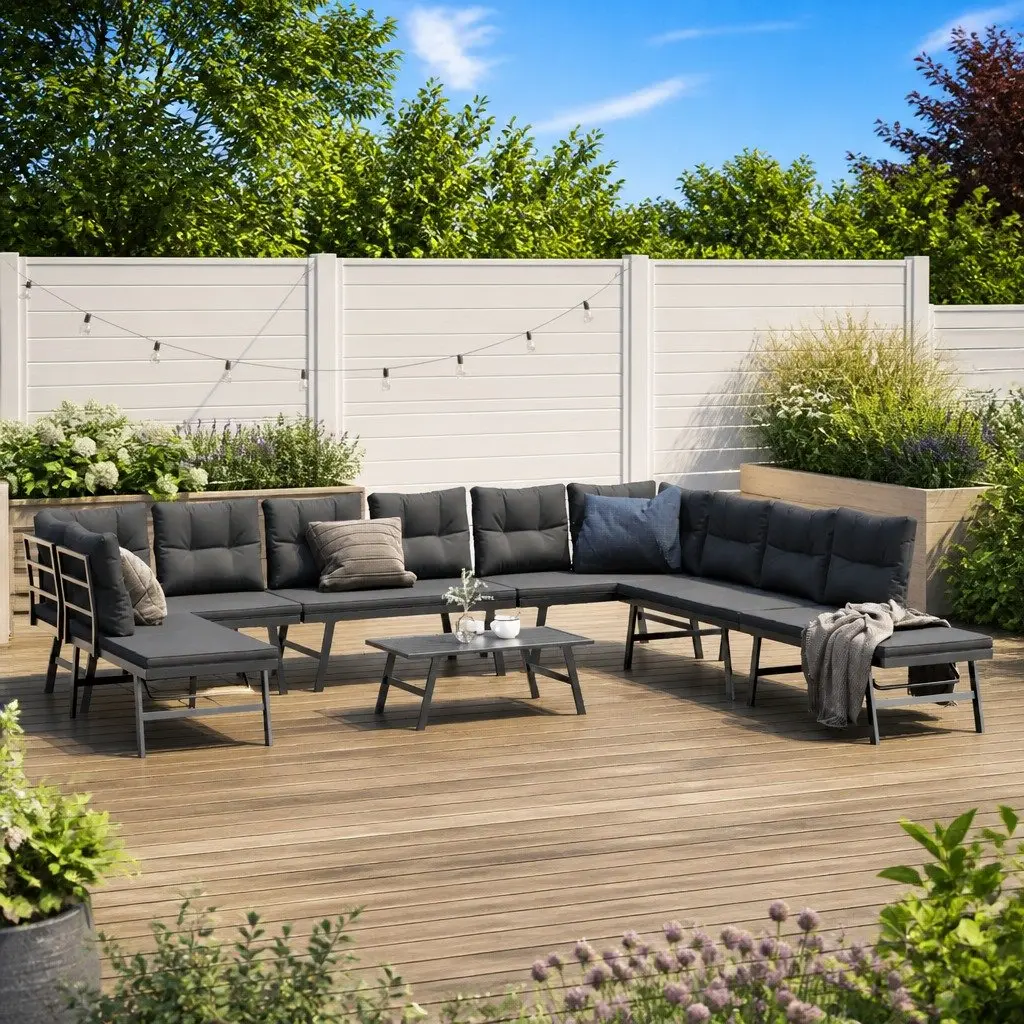 Outdoor Patio Furniture Set 6 Piece Cushioned Black Steel Frame Garden Bench