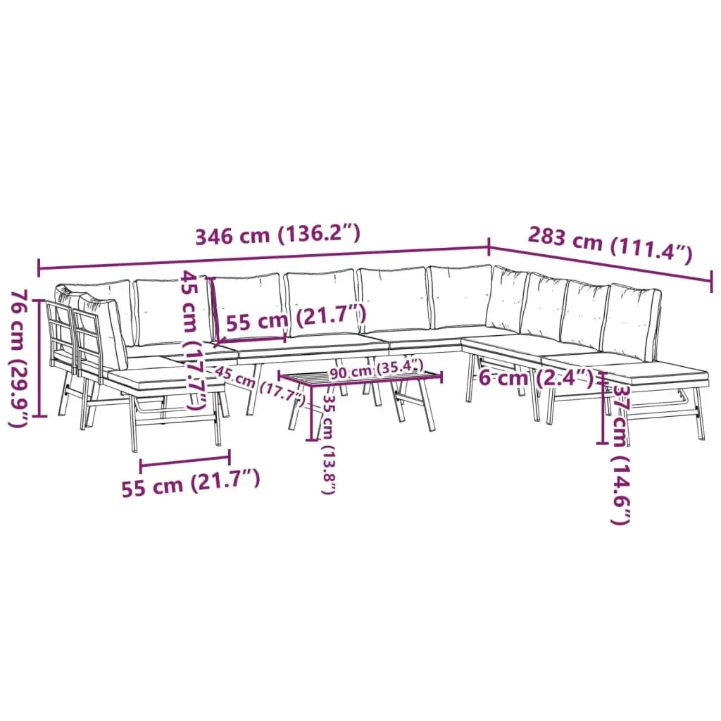 Outdoor Patio Furniture Set 6 Piece Cushioned Black Steel Frame Garden Bench