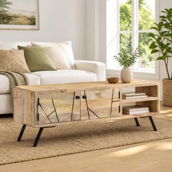 TV Cabinet 110x30x40 cm Solid Mango Wood Beige Sideboard Storage Unit