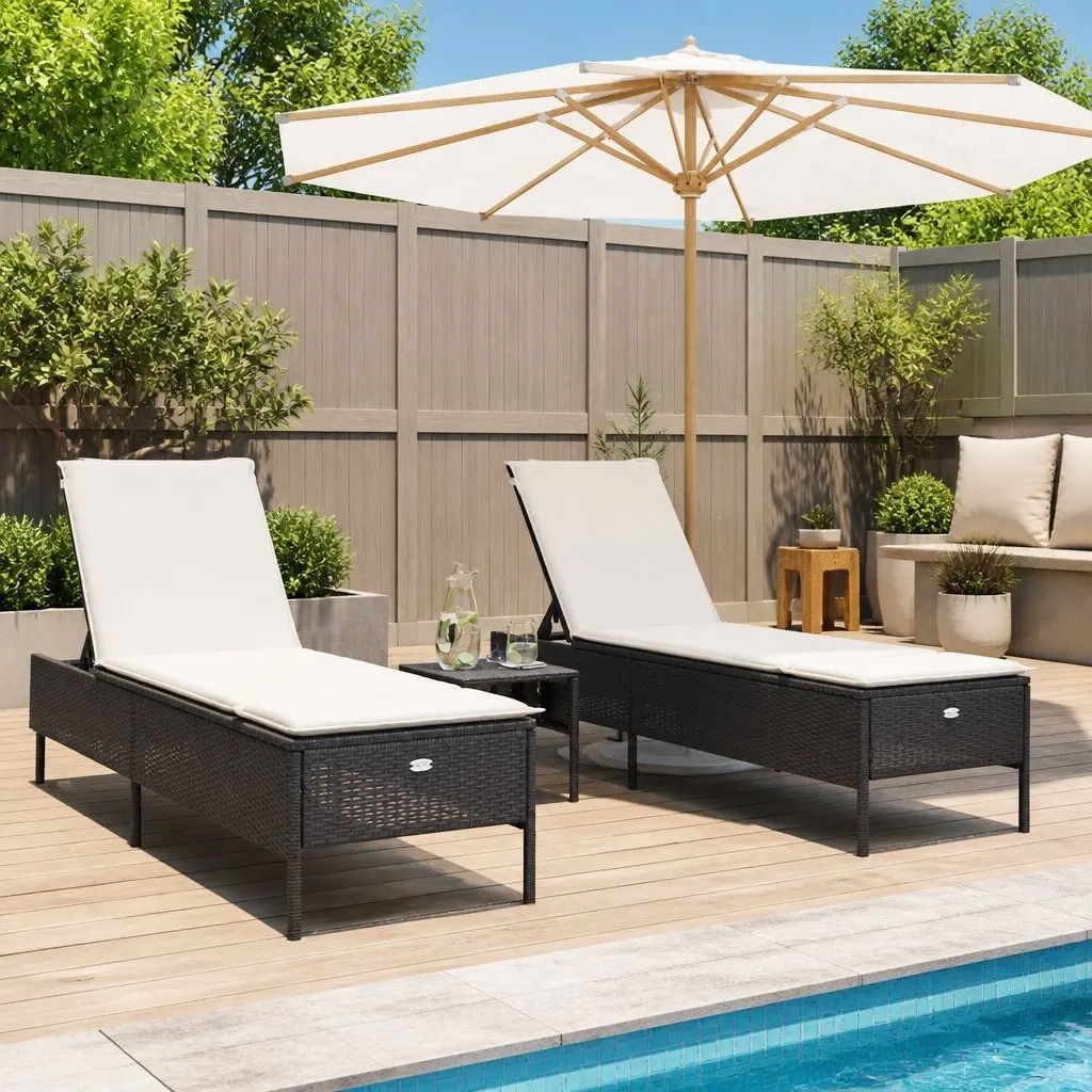 Outdoor Garden Furniture Adjustable Sun Lounger Set 3 Piece Black Poly Rattan