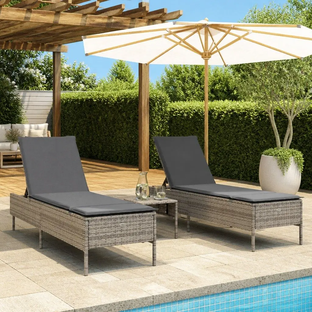 Sun Lounger Set Outdoor Seating 3 Piece Adjustable Backrest Grey