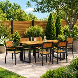 7 Piece Garden Dining Set Black Solid Acacia Wood Outdoor Table Chairs Armrest