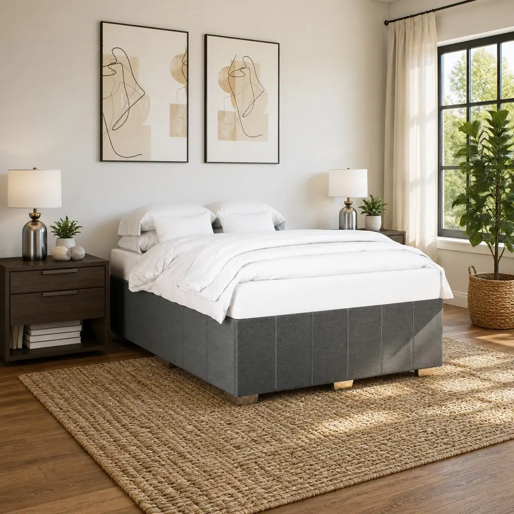 Queen Bed Frame Dark Grey Fabric Upholstered Slat Support Bedroom Furniture